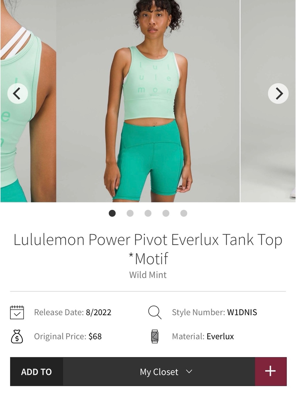lululemon Power Pivot Everlux Tank Top - Wild Mint / Sports bra size 12-14